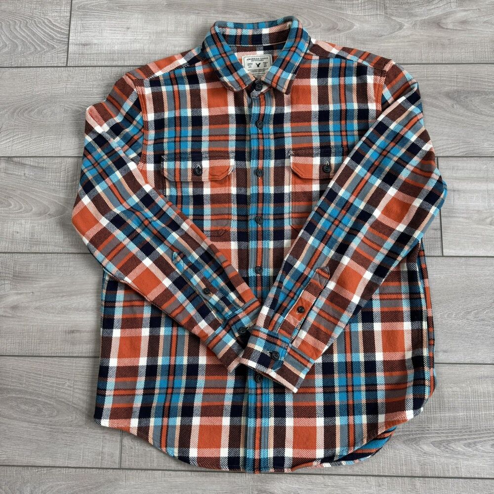 AE American Eagle Men’s Size L Heavy Blue Orange Plaid Flannel OverShirt